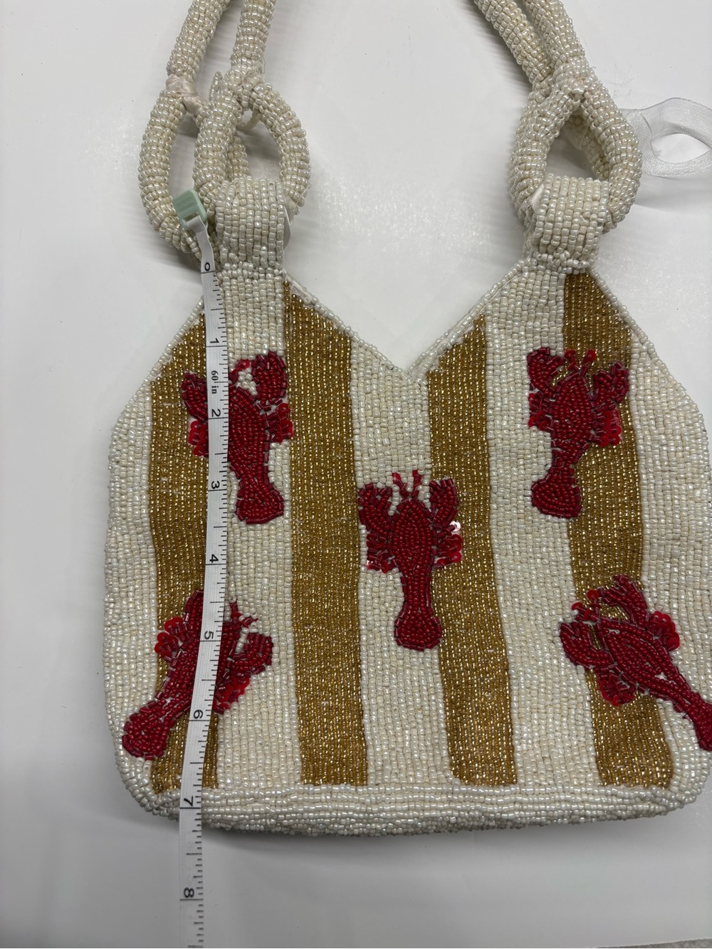 Hand-Beaded Beachy Lobster Stripe Purse in White, Gold & Red Brand New - Picture 7 of 8